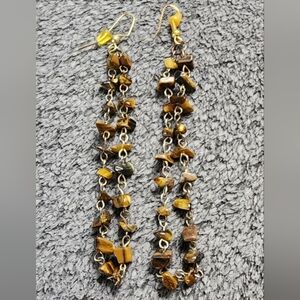 Long Tigers Eye Stone Dangle Earrings